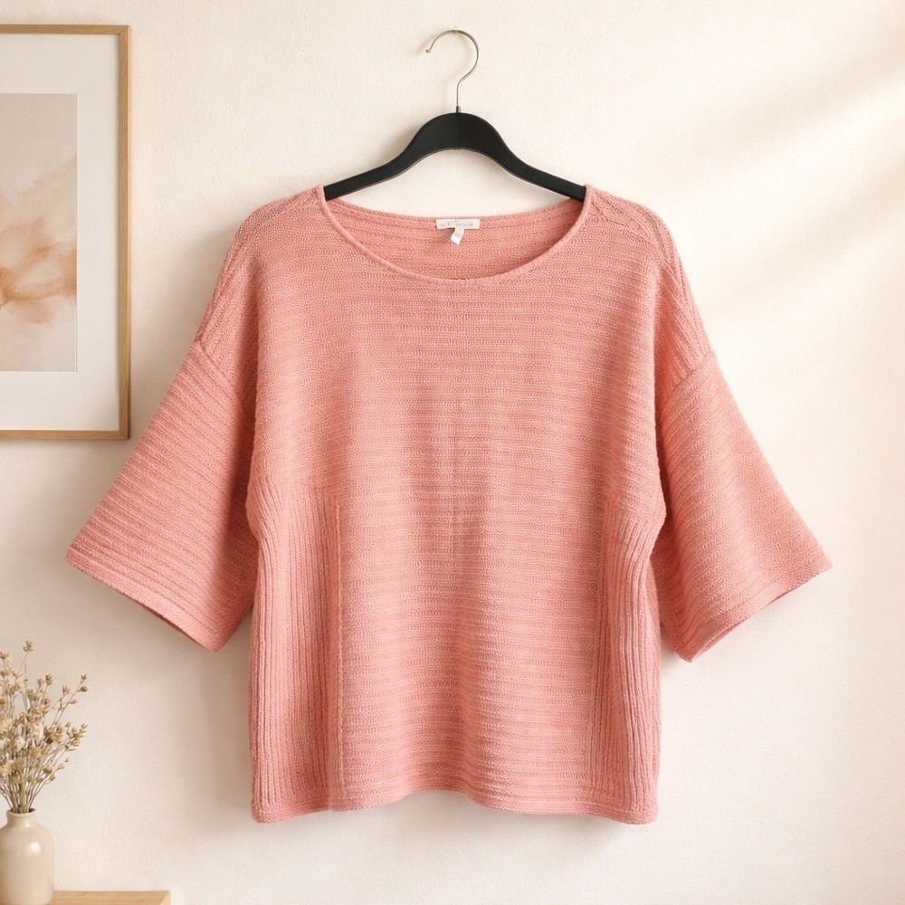 Eileen Fisher M Peach 100% Organic Linen Boat‎ Neck Boxy Knit Crop Sweater